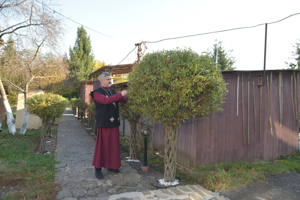 An ornamental plant and a clergy member on a garden path